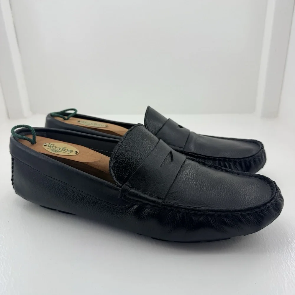 Donald Pliner Mens 10 Black Pebbled Leather Penny Loafers Driving Moc Shoes